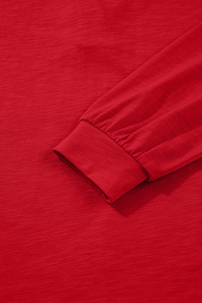 Crimson Red split neck button detail long sleeve top with gathered cuff sleeves