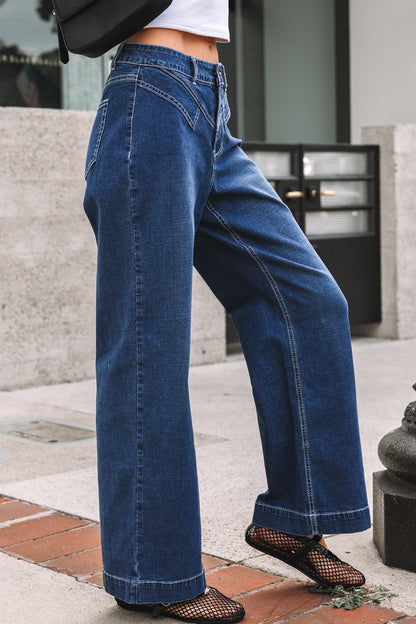 Stitched Waist Loose Cuffed High‑Rise Jeans