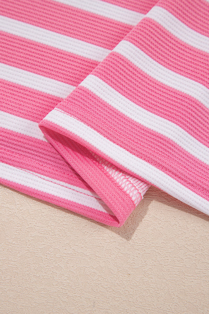 Pink Stripe Striped Contrast Collar Puff Sleeve Blouse