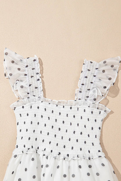 White Polka Dot Smocked Ruffle Strap Maxi Dress