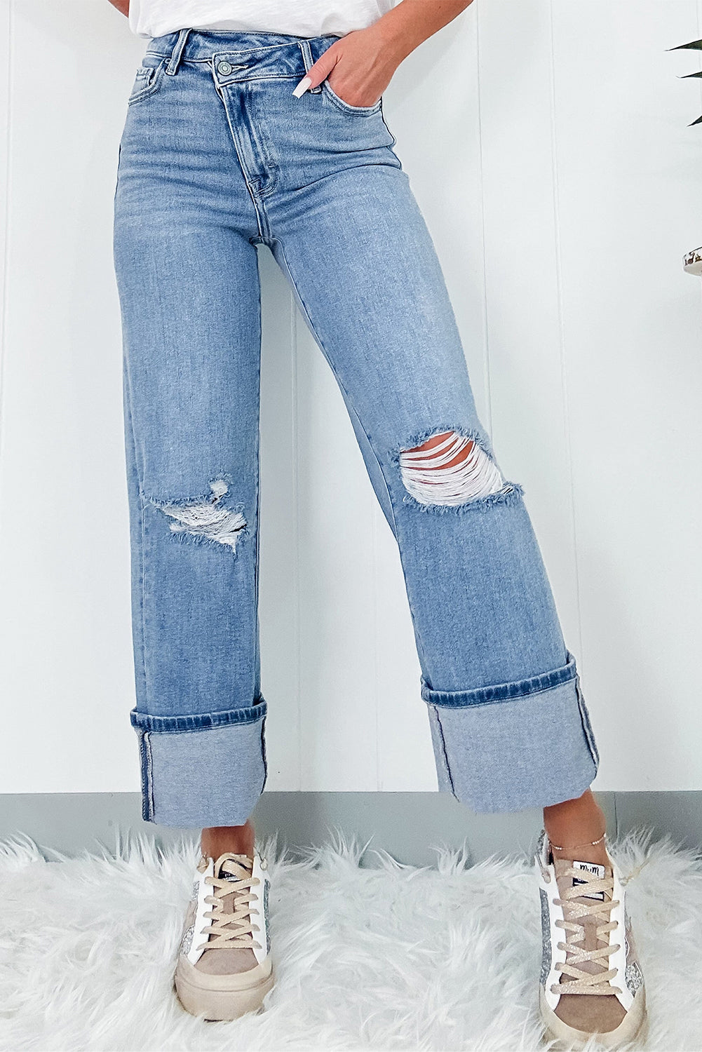 Women’s High Rise Asymmetric Button Distressed Jeans – Dusk Blue
