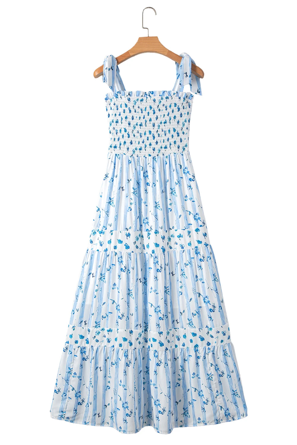 Sky Blue Floral Smocked Tied Strap Tiered Maxi Dress