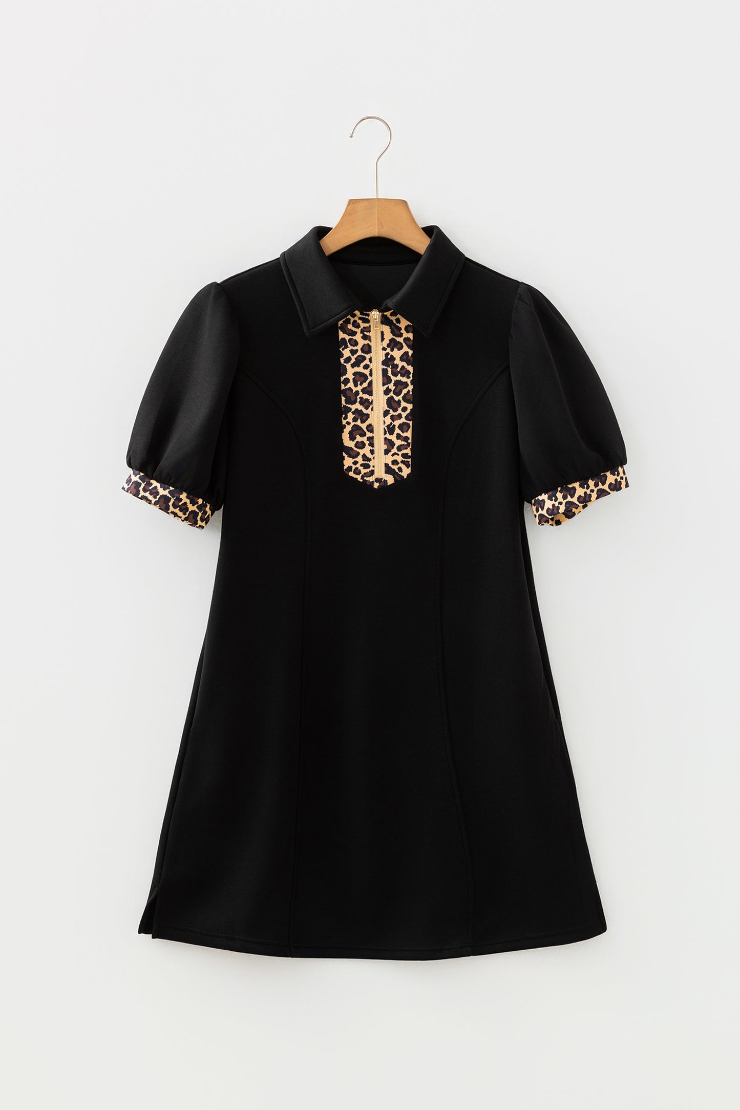Black Leopard Patchwork Zip Collared Puff Sleeve Shift Mini Dress