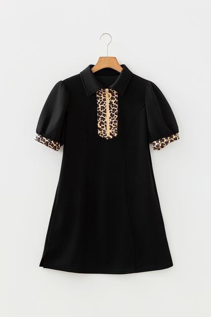 Black Leopard Patchwork Zip Collared Puff Sleeve Shift Mini Dress