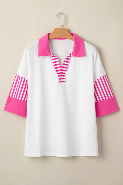 White Contrast Stripe Collared Oversized Blouse – Relaxed Everyday Boutique Top