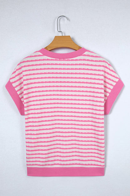 Pink Striped V-Neck Short Sleeve Knit Top – Casual Everyday Sweater Top