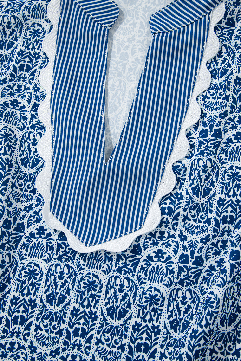 Printed Puff Sleeve Blouse – Striped Neckline Embroidered Trim Top