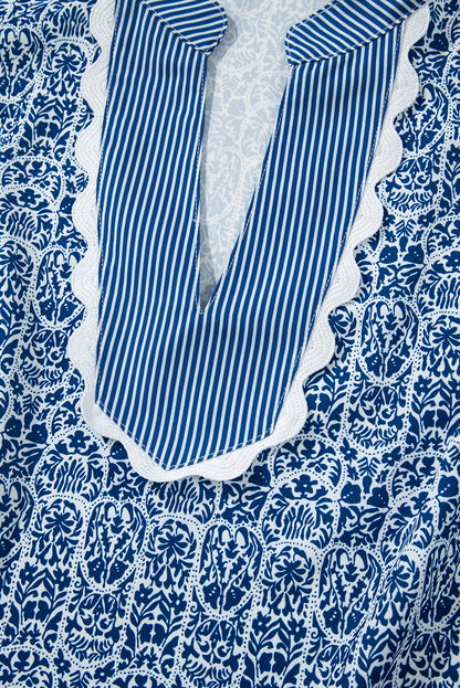 Printed Puff Sleeve Blouse – Striped Neckline Embroidered Trim Top