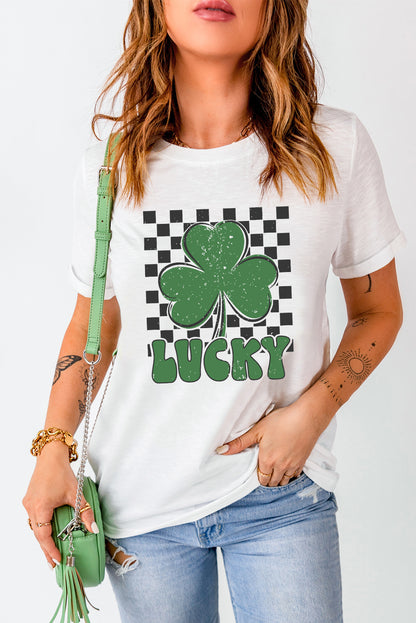 Checkerboard Lucky Clover Tee – White St. Patrick’s Day Graphic Top