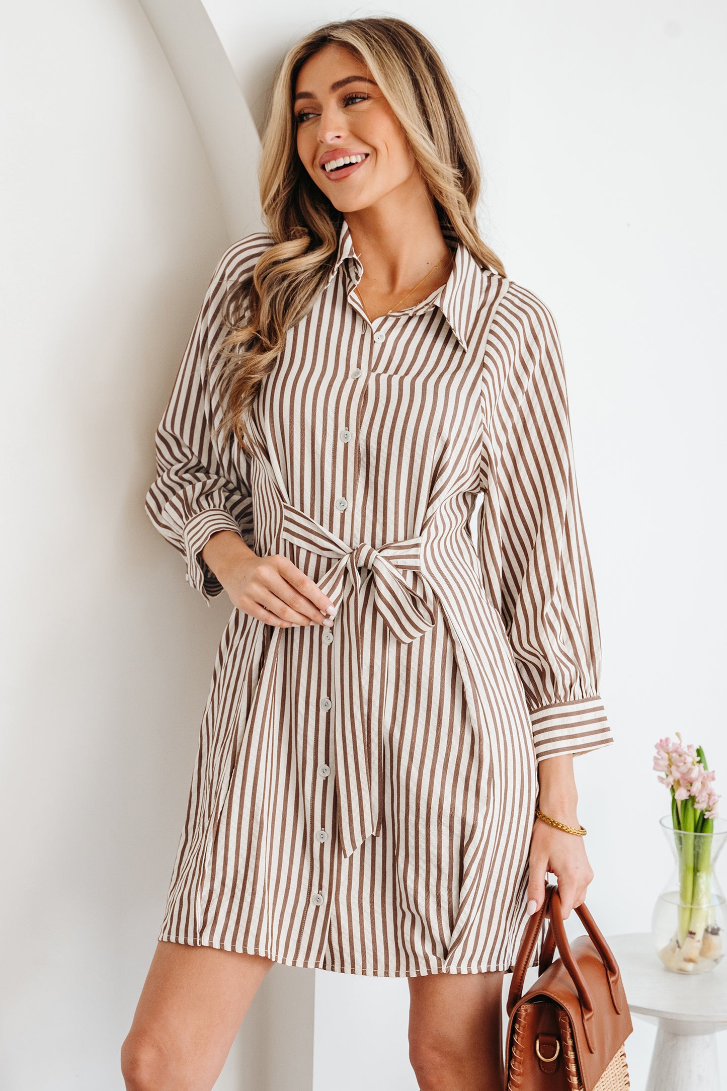 Neutral Taupe Striped Button Front Shirt Dress with Waist Tie