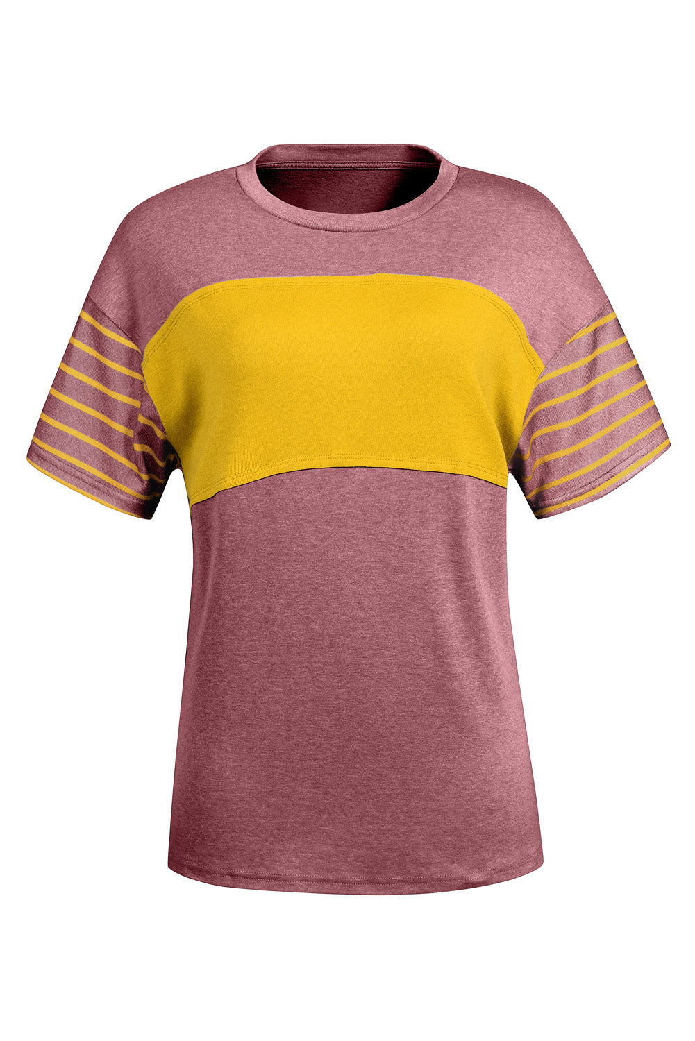 Striped Sleeve Color block Tee – Casual Chest Panel Short Sleeve Everyday Top