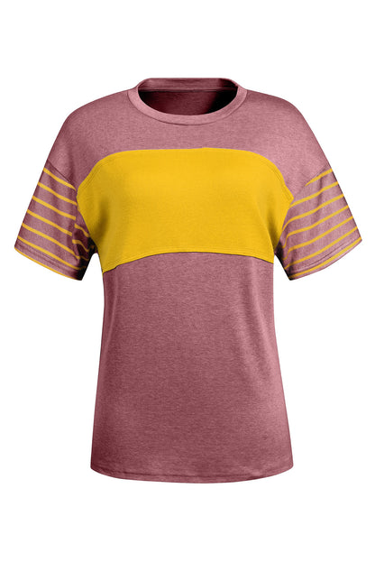 Striped Sleeve Color block Tee – Casual Chest Panel Short Sleeve Everyday Top