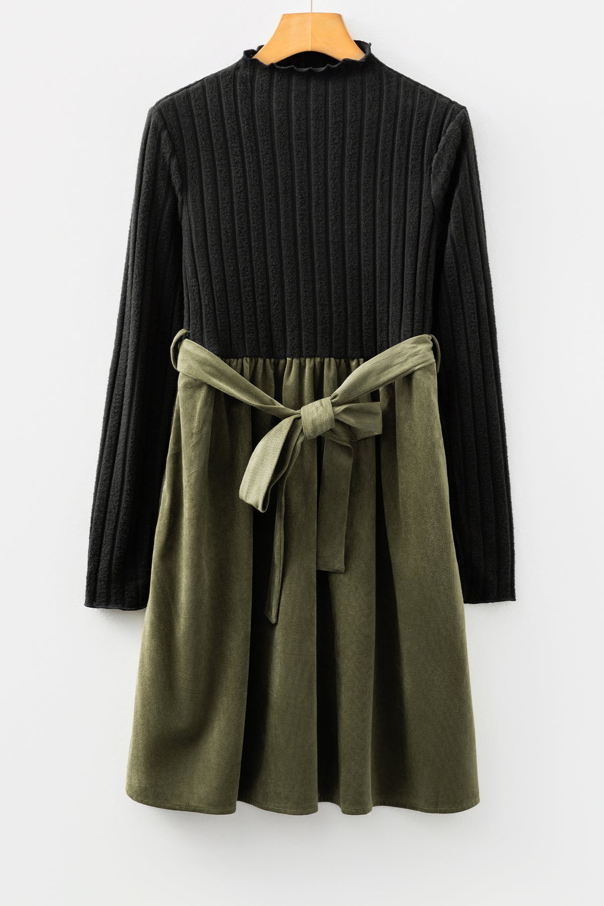 Two-Tone Ribbed Mock Neck Fit & Flare Dress – Tie-Waist Knee-Length Style