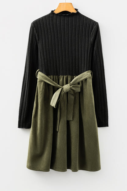Two-Tone Ribbed Mock Neck Fit & Flare Dress – Tie-Waist Knee-Length Style