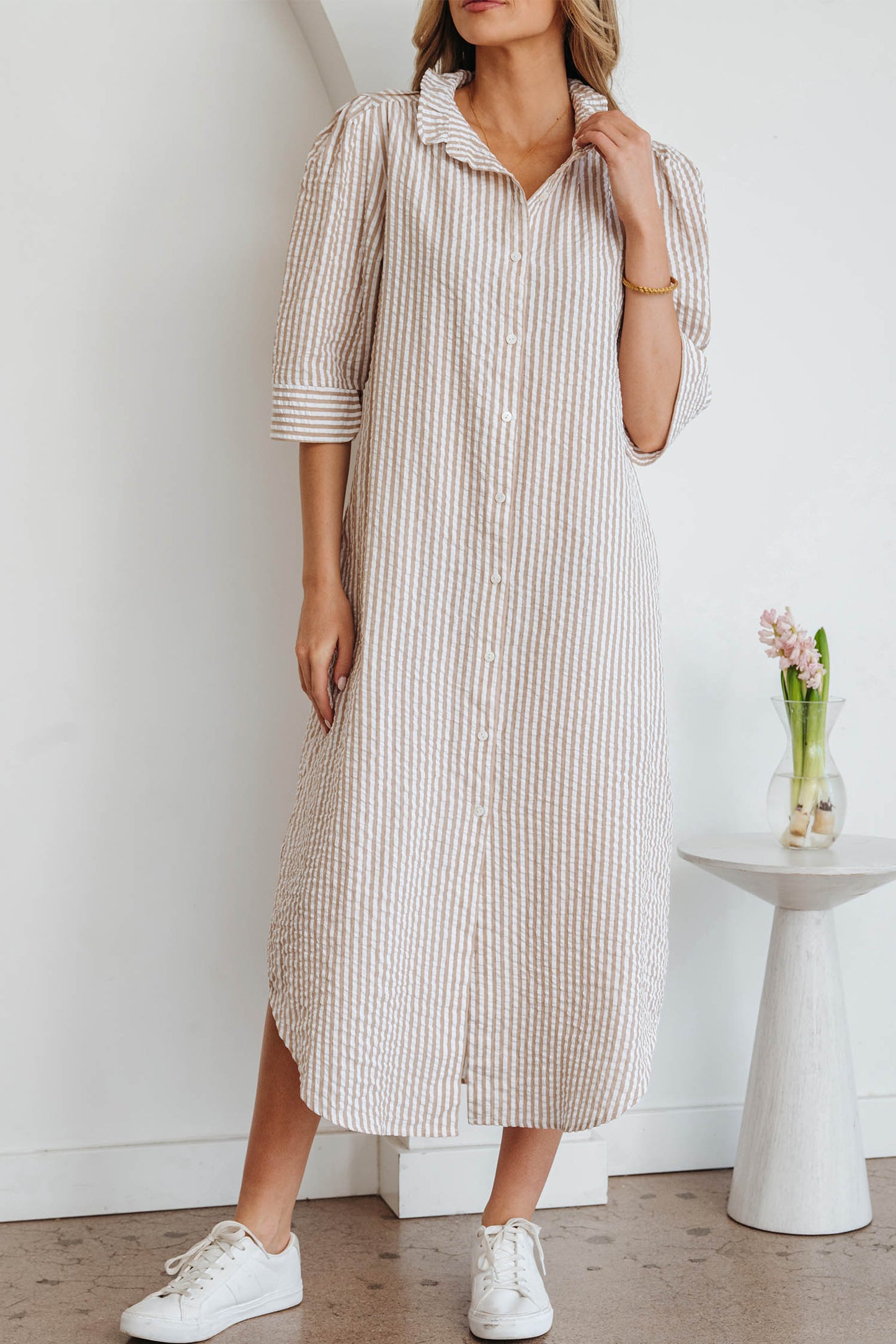 Khaki Striped Button Down Shirt Maxi Dress with Pockets