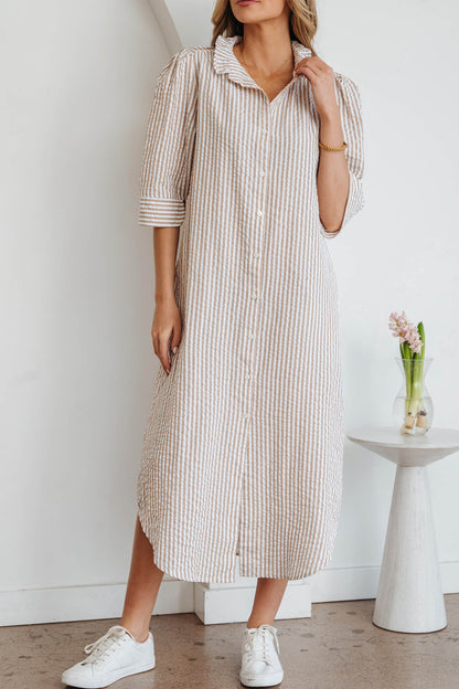 Khaki Striped Button Down Shirt Maxi Dress with Pockets