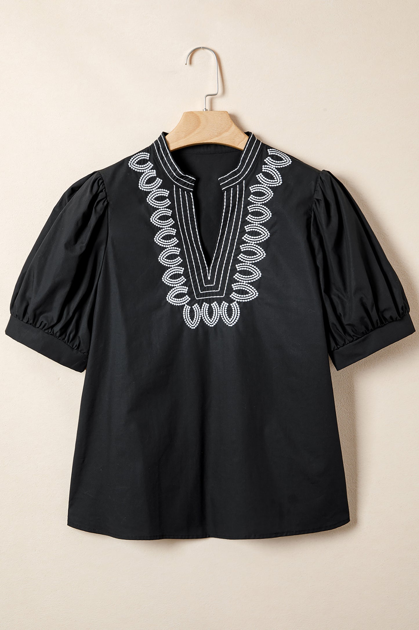 Black Embroidered Split V-Neck Puff Sleeve Blouse
