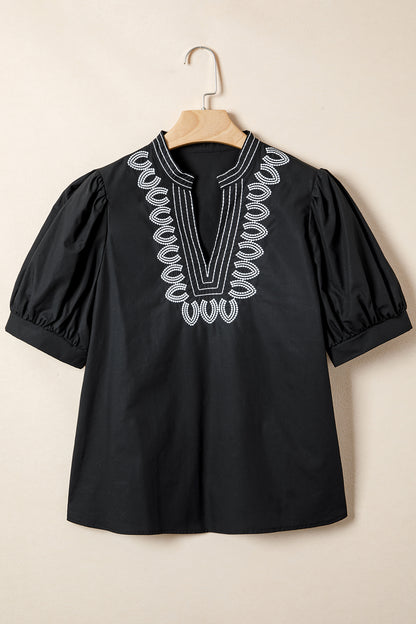 Black Embroidered Split V-Neck Puff Sleeve Blouse