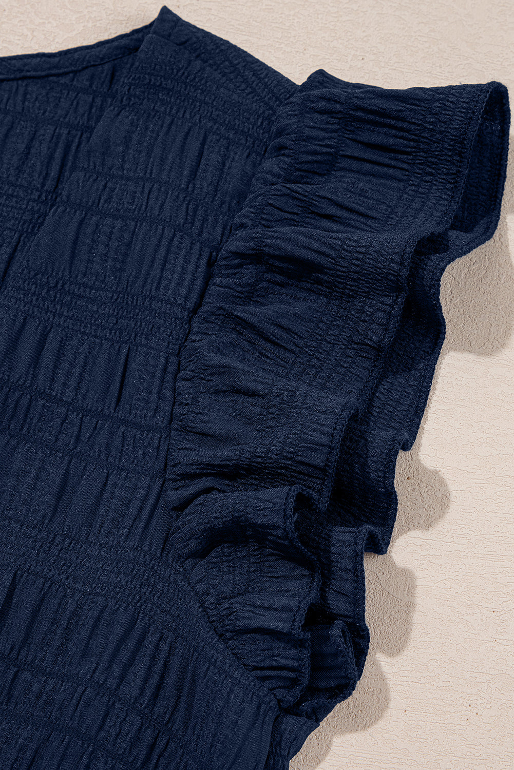 Navy Textured Square Neck Ruffle Sleeve Shirred High Waist Short Set