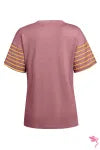 Striped Sleeve Color block Tee – Casual Chest Panel Short Sleeve Everyday Top