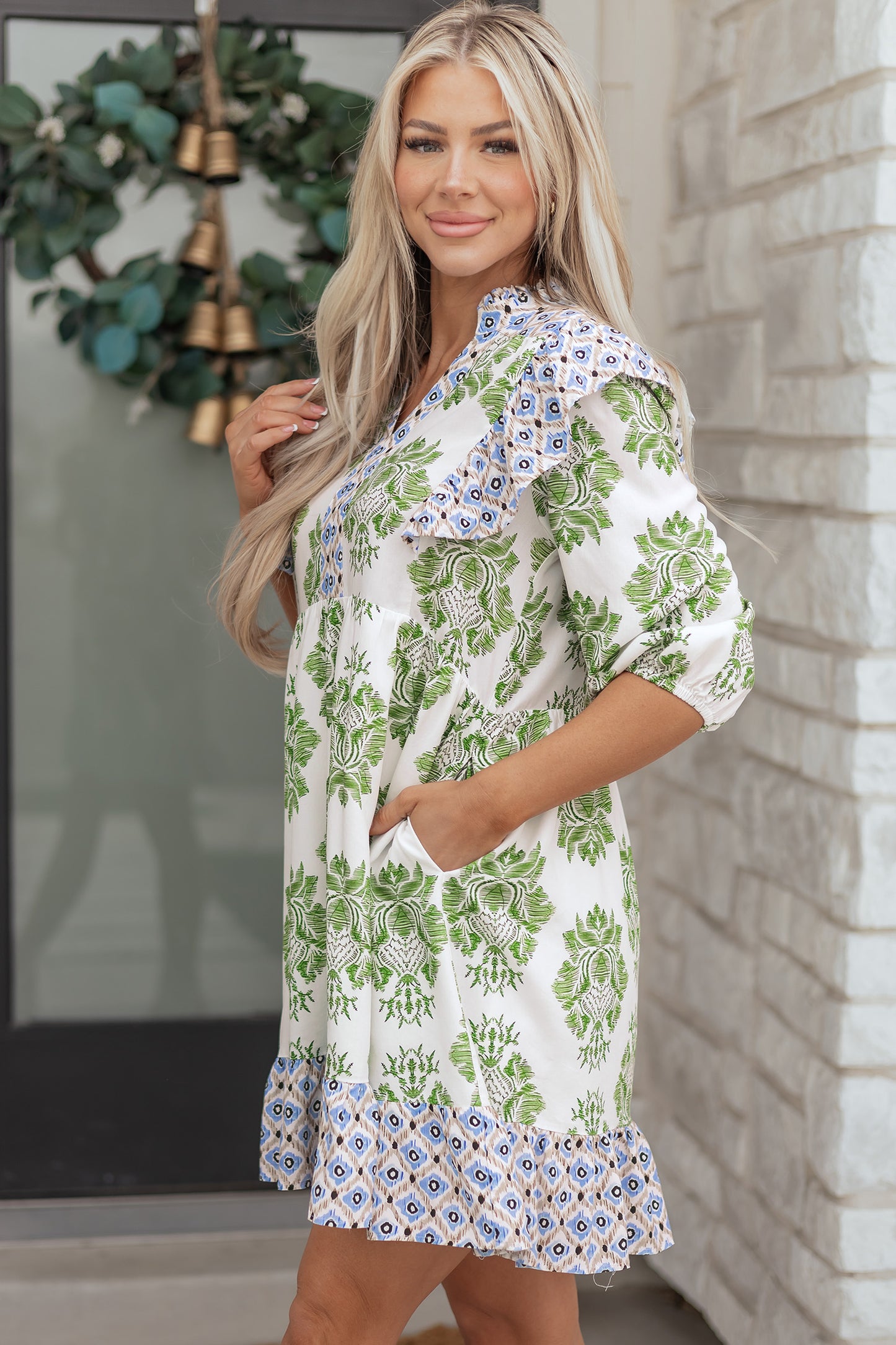 Green Floral Patchwork V-Neck Ruffle Sleeve Mini Dress