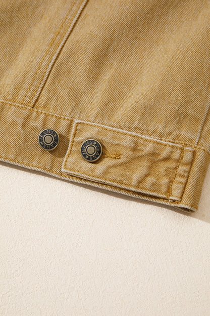 Tan women's denim jacket with metal button front, collared neckline, long sleeves, patch pockets, and relaxed fit.