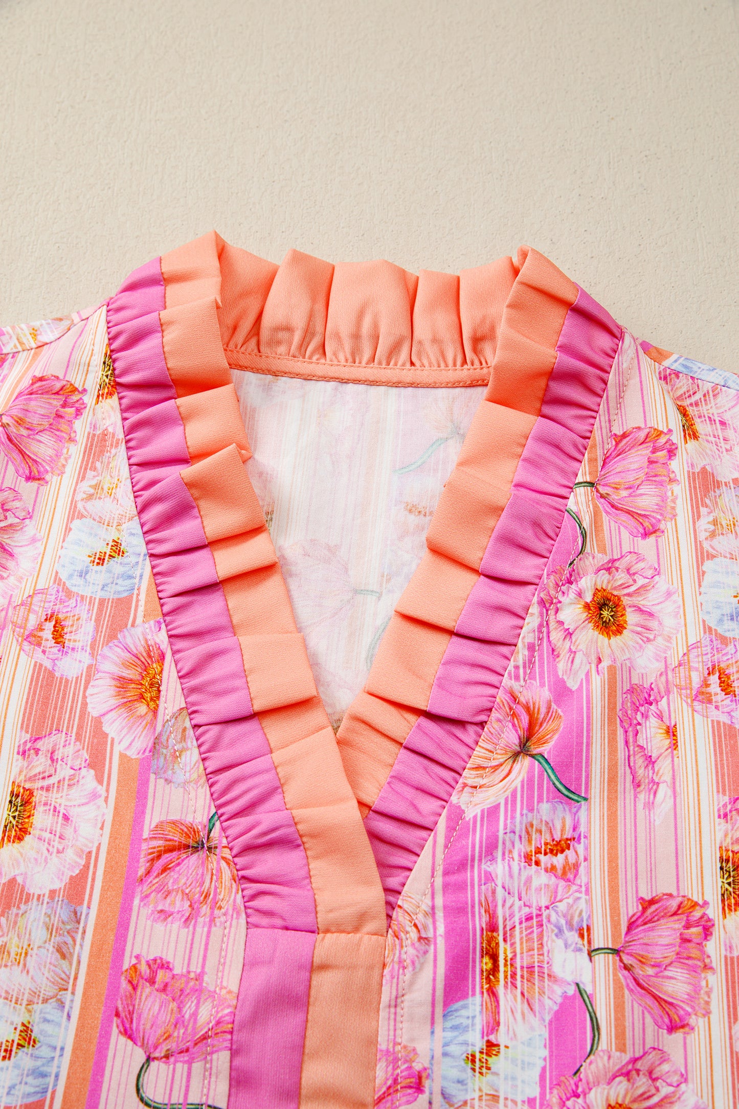 Floral Striped Contrast Trim Puff Sleeve Blouse – Feminine Everyday Top