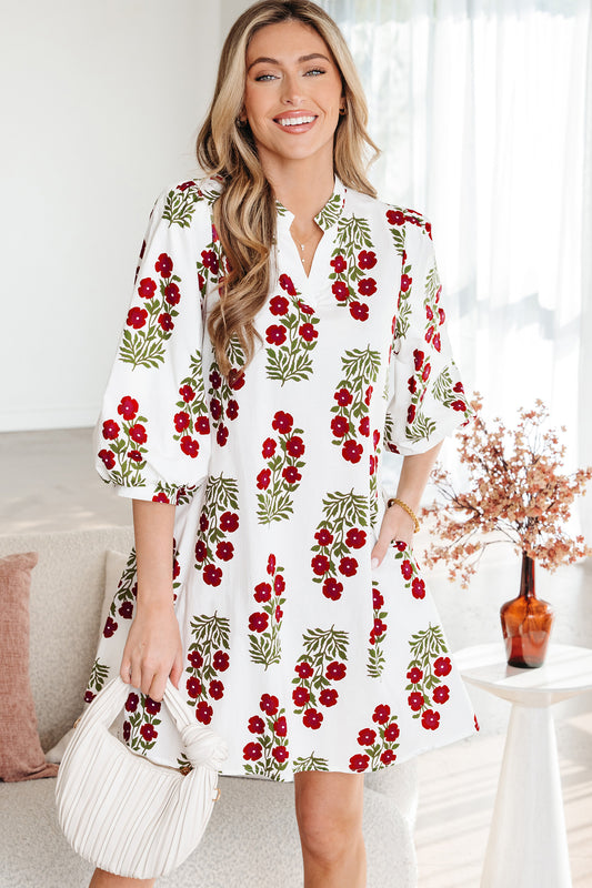 White Floral V-Neck Puff sleeves Mini Dress