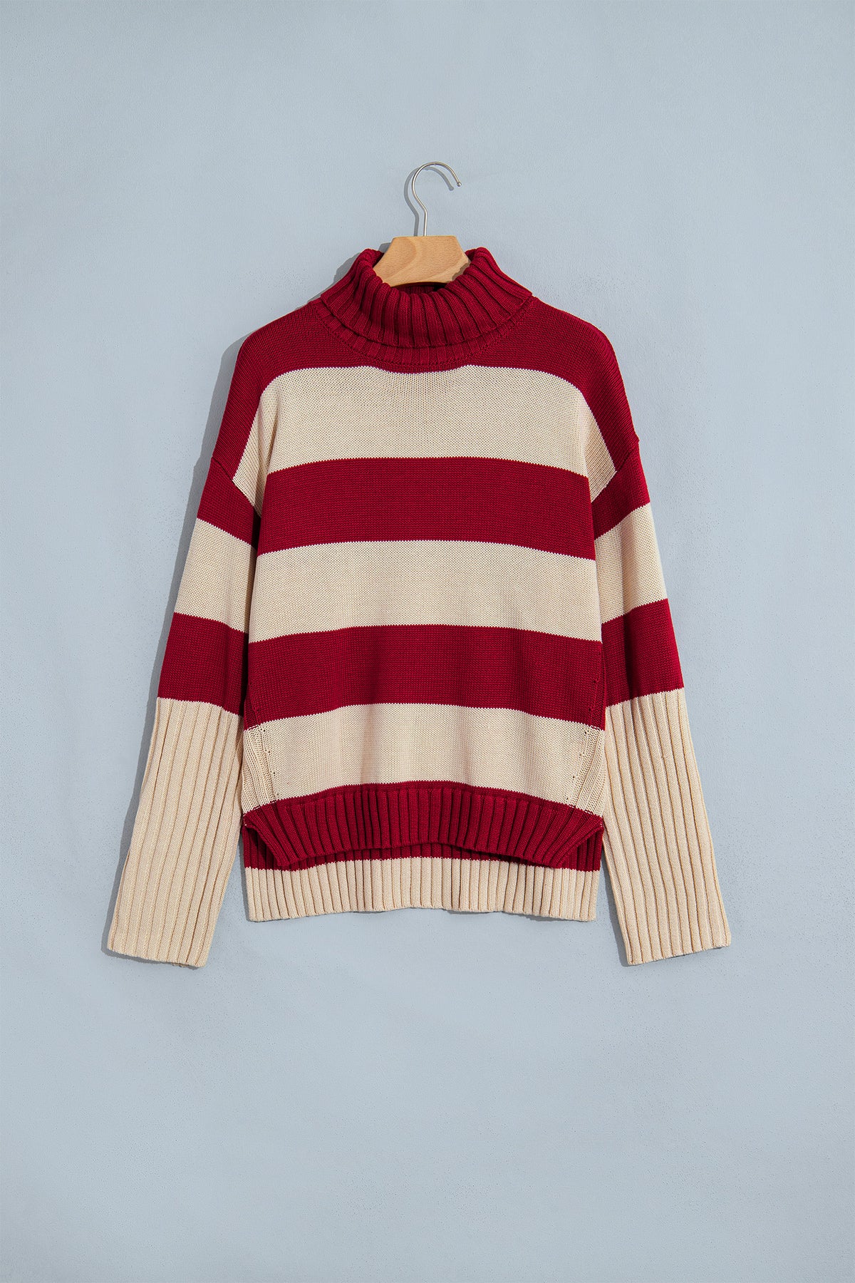 Red Striped Turtleneck Sweater – Relaxed Ribbed Knit Pullover