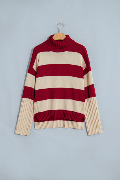 Red Striped Turtleneck Sweater – Relaxed Ribbed Knit Pullover