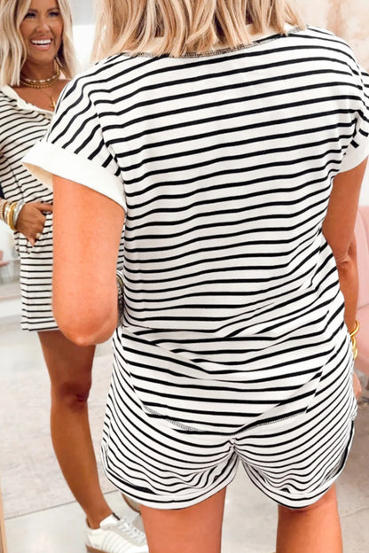 Striped Henley Snap Button Short Sleeve Top & Pocket Shorts Set