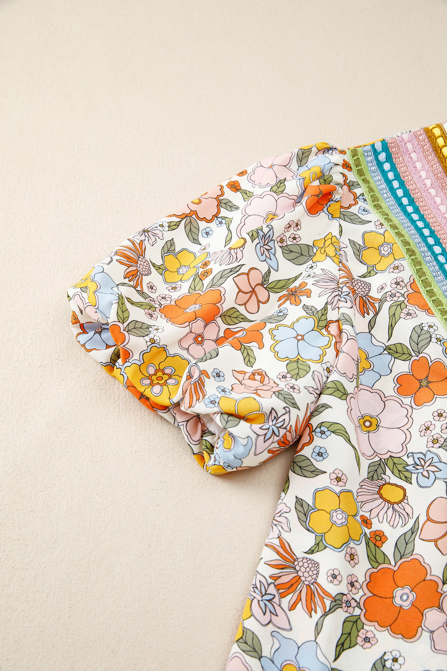 Multicolor Trim Floral V-Neck Blouse – Boho Puff Sleeve Top