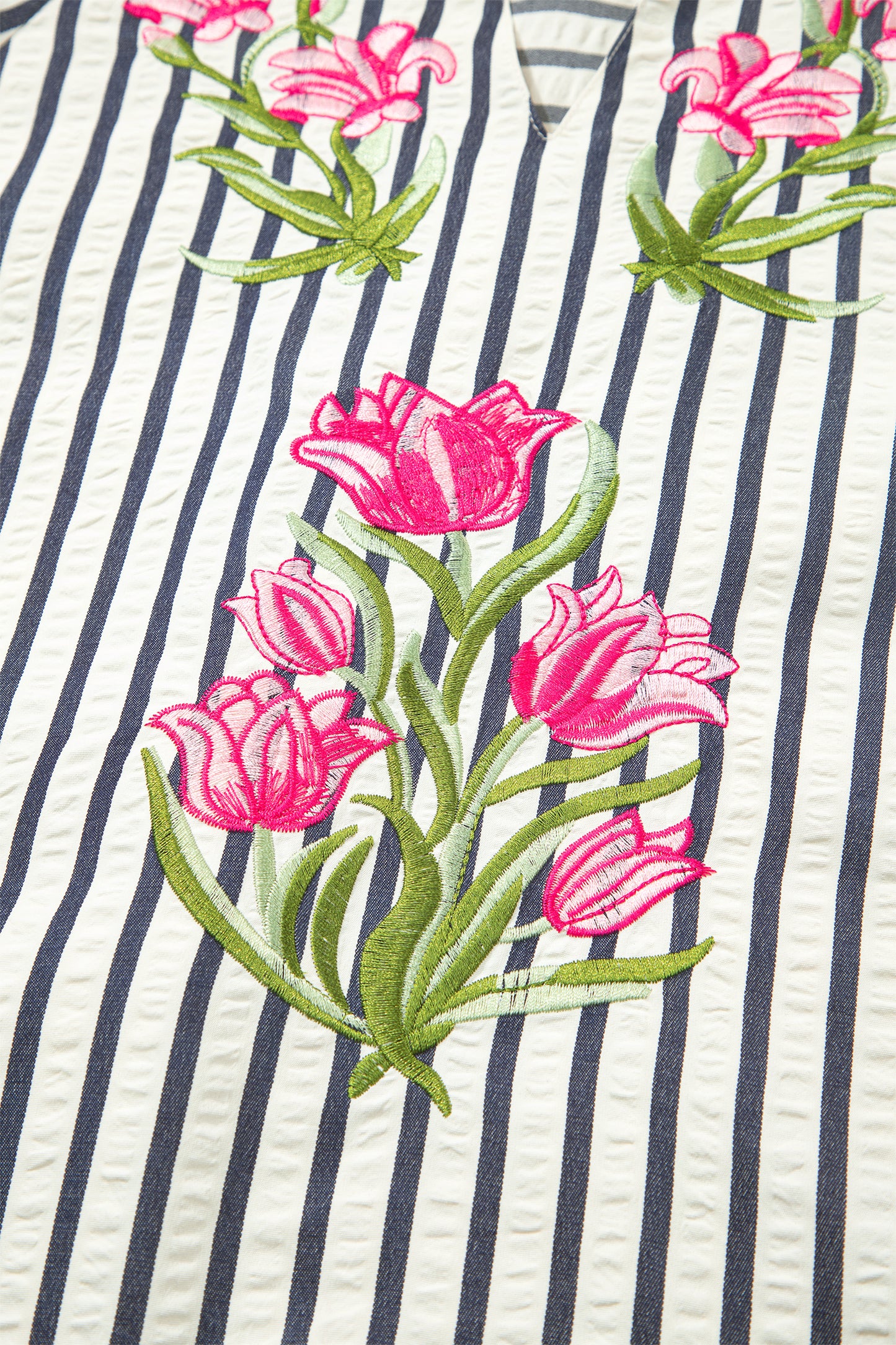 White Navy Striped Floral Embroidered Blouse – Puff Sleeve Everyday Boutique Top