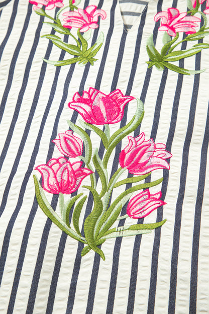 White Navy Striped Floral Embroidered Blouse – Puff Sleeve Everyday Boutique Top