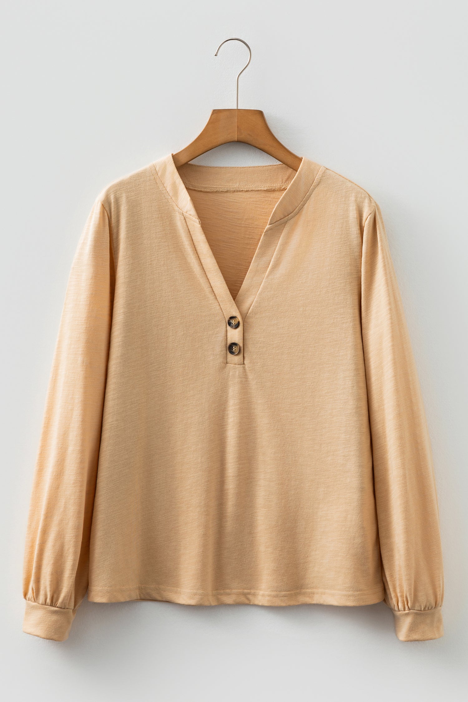 Soft Oatmeal split neck button detail long sleeve top with gathered cuff sleeves