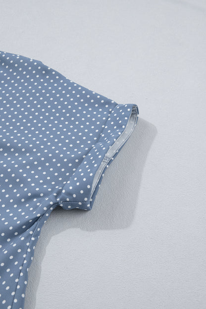 Polka Dot Button Front Blouse – Short Sleeve Collared Top
