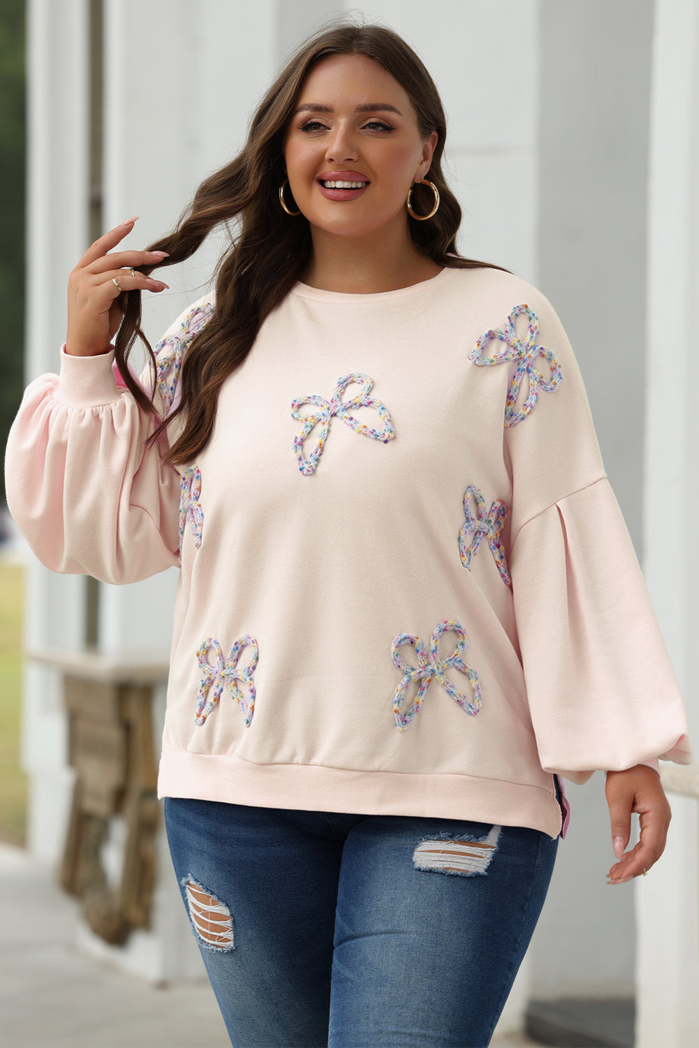 Light Pink Embroidered Bow Oversized Sweatshirt