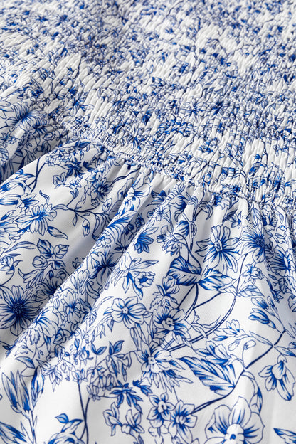 Blue Floral Square Neck Smocked Babydoll Blouse with Flutter Sleeves