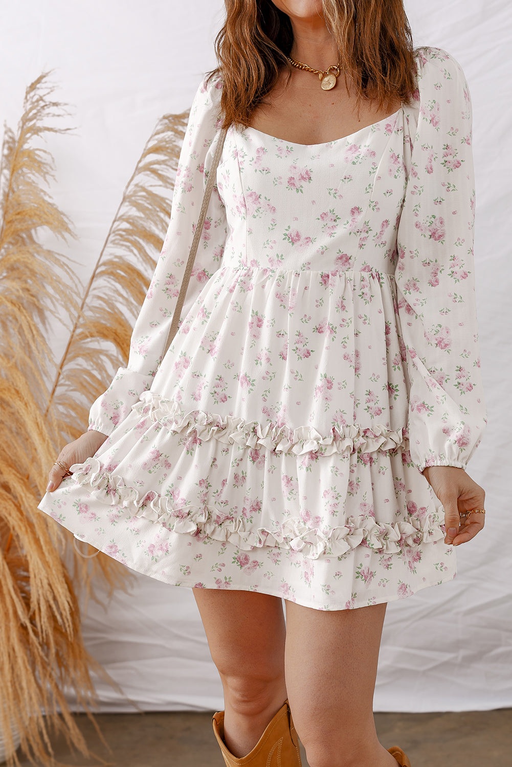 Soft White Floral Long Sleeve Mini Dress with Ruffle Tiers