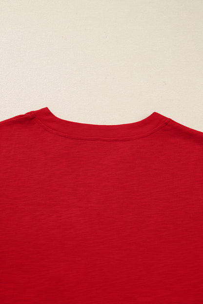 Crimson Red split neck button detail long sleeve top with gathered cuff sleeves