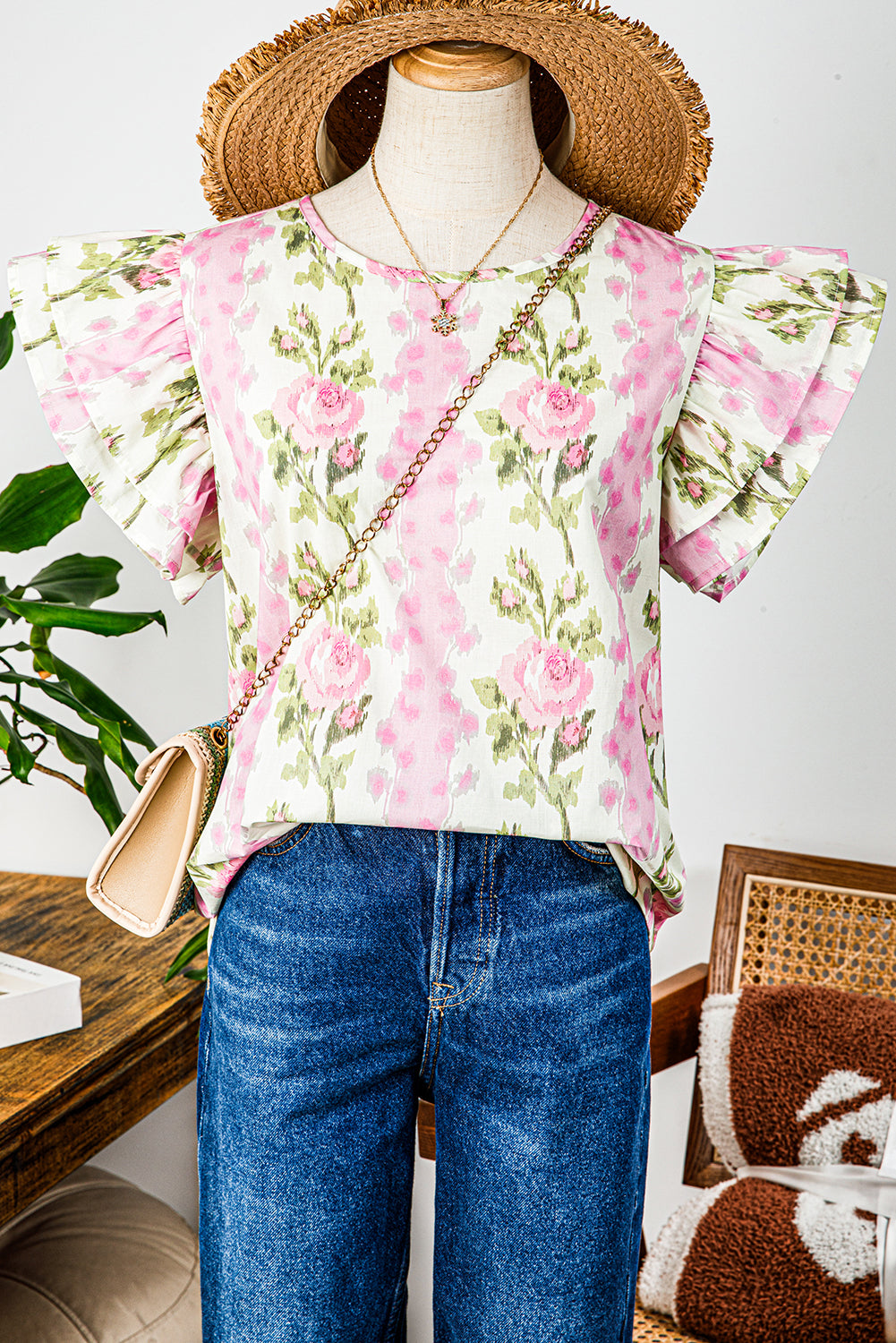 Pink Floral Flutter Sleeve Blouse – Lightweight Feminine Top