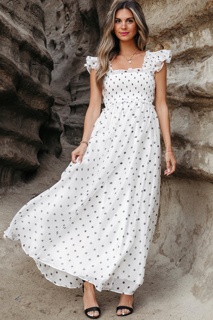 White Polka Dot Smocked Ruffle Strap Maxi Dress