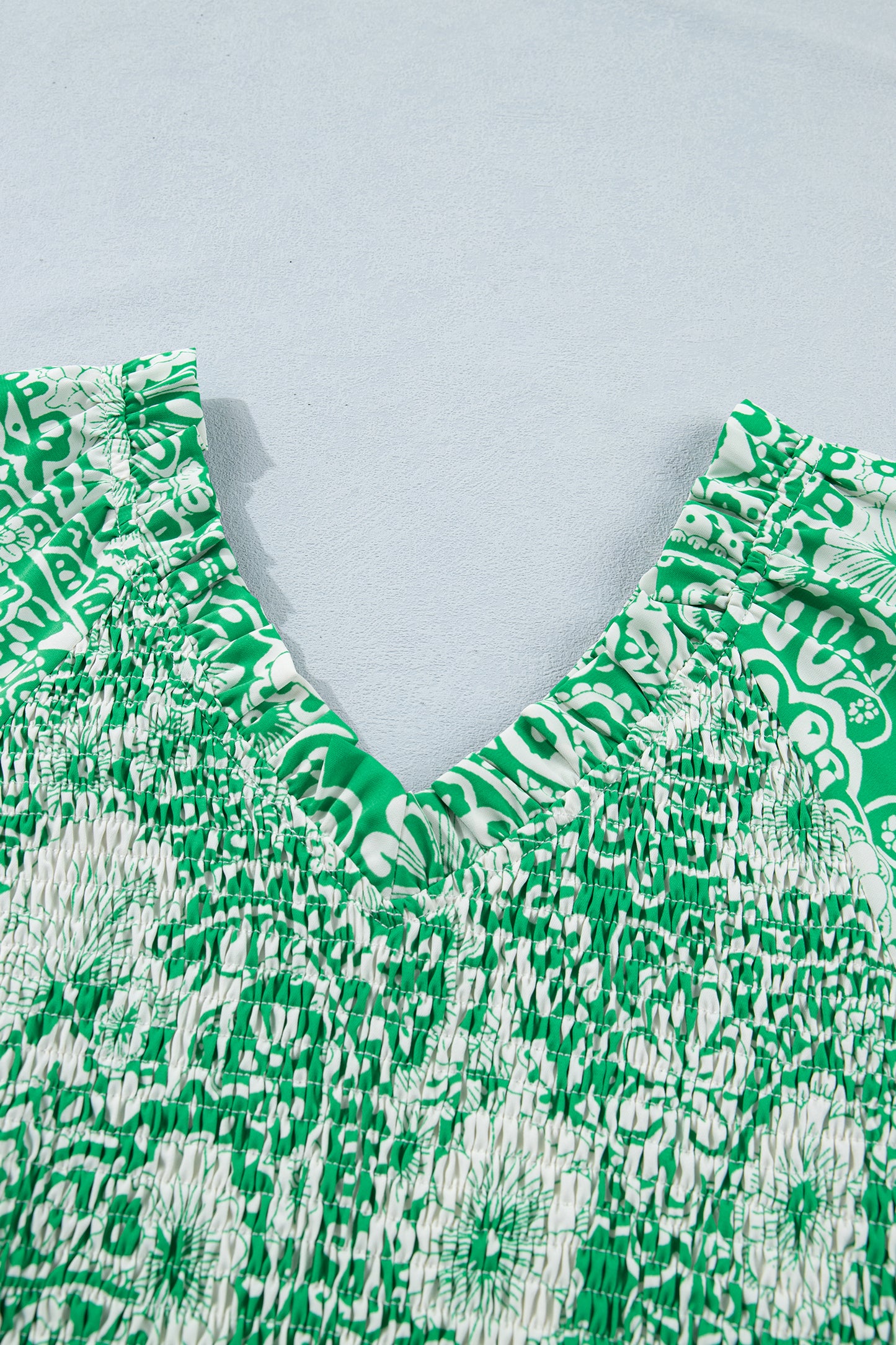 Green Floral Smocked Peplum Short Sleeve Blouse