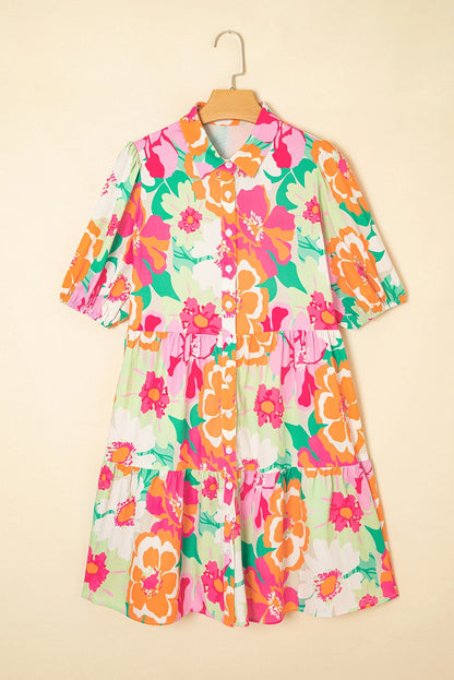 Elena Bright Floral Collared Button Front Babydoll Dress