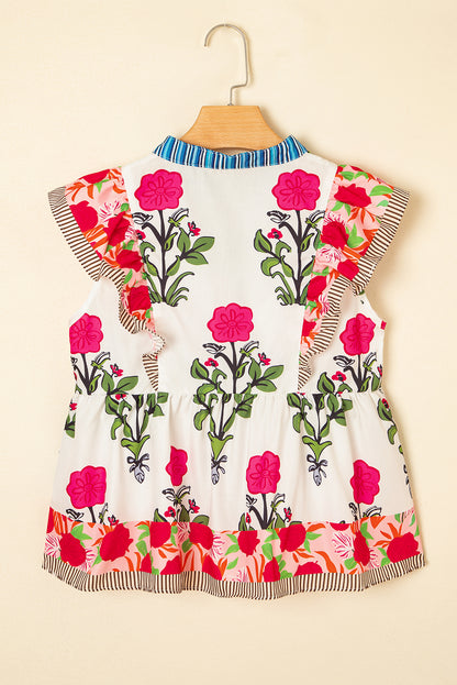 Floral Ruffle Sleeve Babydoll Blouse – Contrast Trim Feminine Everyday Top