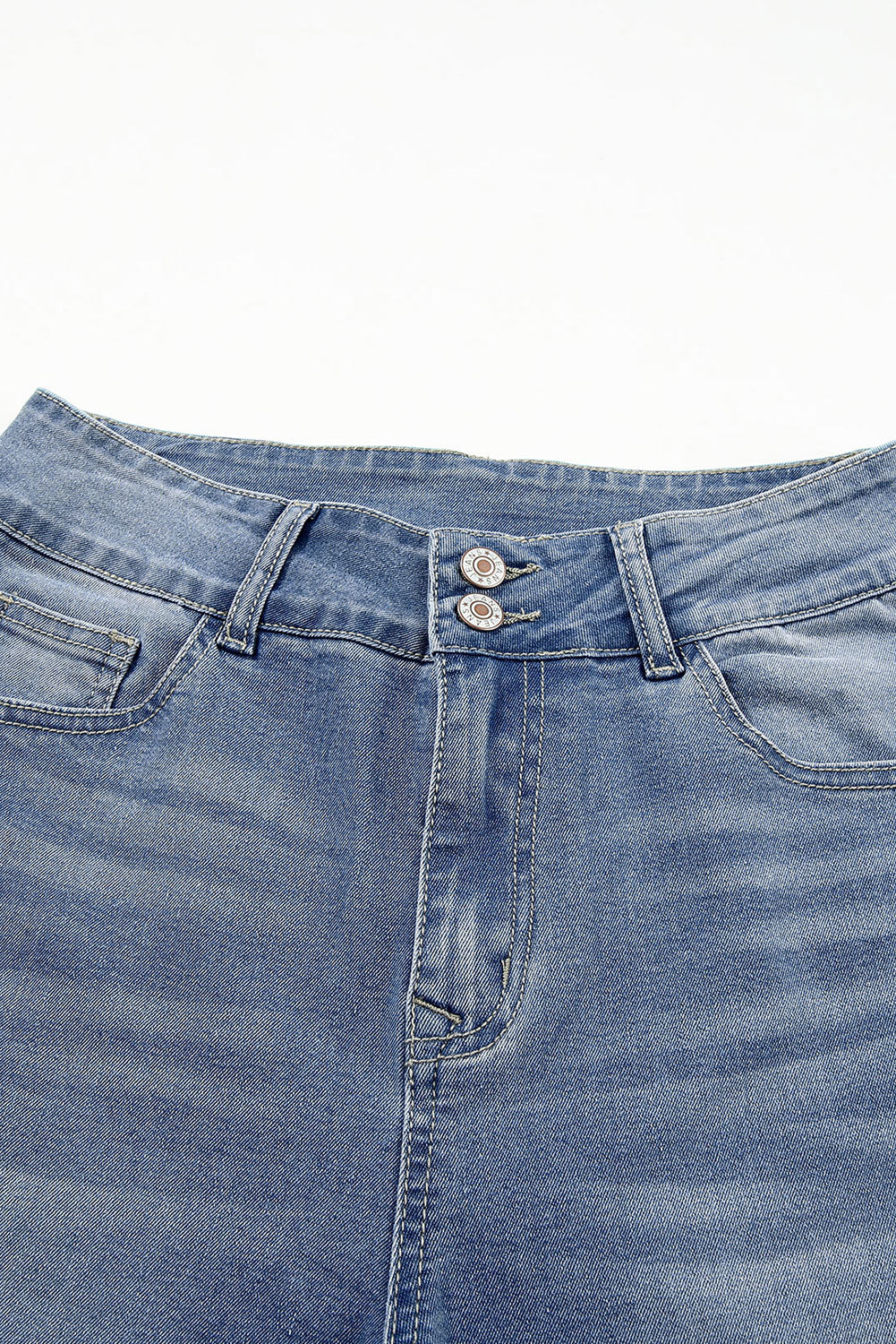 Light Wash Blue High Rise Double Button Straight Leg Jeans – Raw Hem Denim