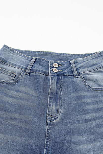 Light Wash Blue High Rise Double Button Straight Leg Jeans – Raw Hem Denim