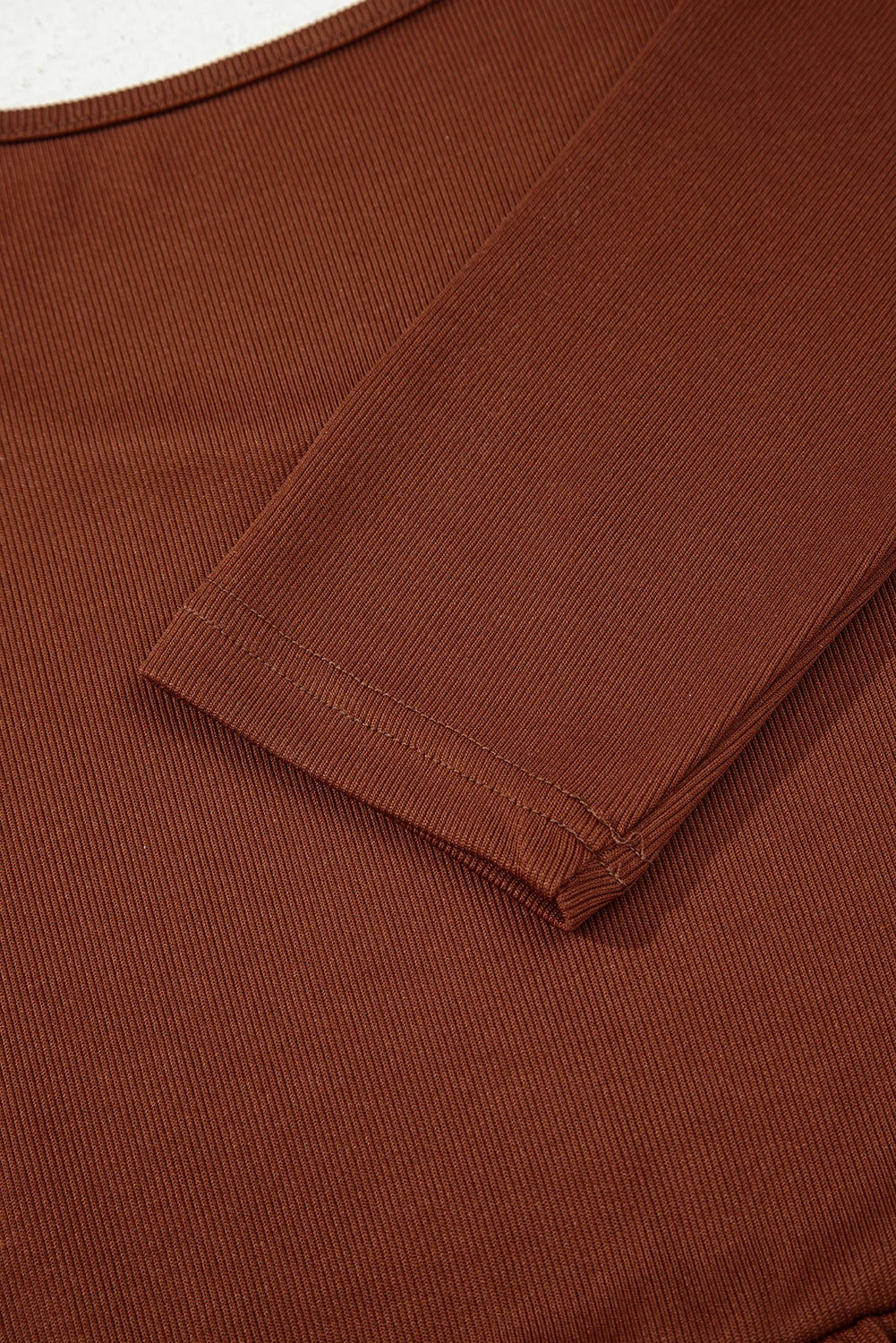 Soft Rust Ribbed Frilled Trim High‑Waist Long Sleeve Mini Dress