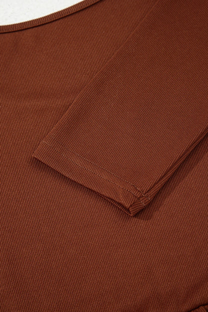 Soft Rust Ribbed Frilled Trim High‑Waist Long Sleeve Mini Dress