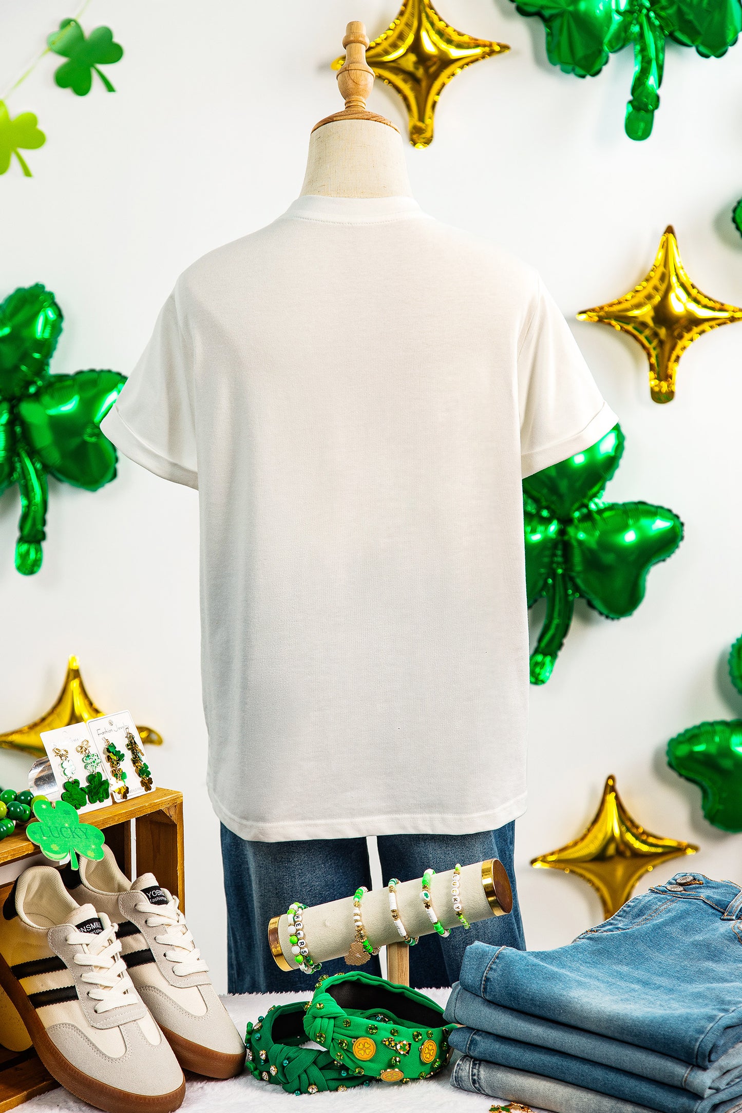 Embroidered Clover Tee – White St. Patrick’s Day Graphic Top